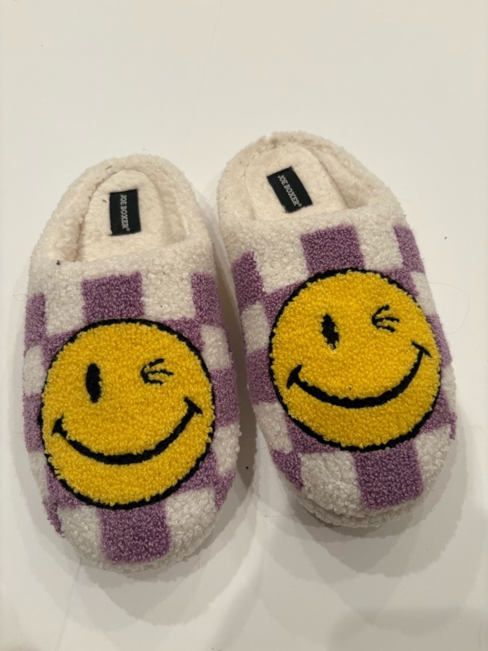 Joe Boxer Cream & Purple Smiley Fuzzy Slippers